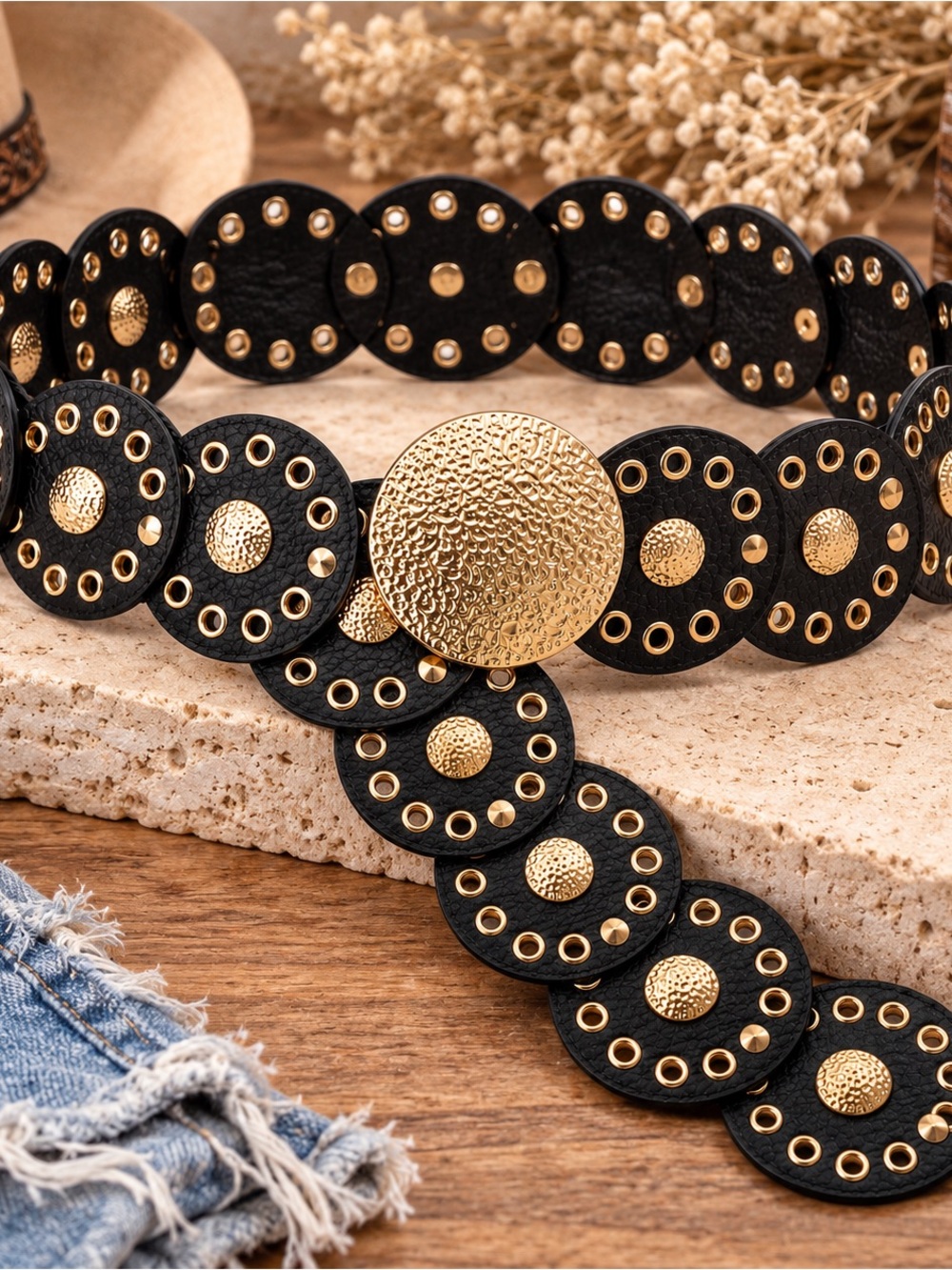 🖤 Black & Gold Round Faux Leather Link Belt | Adjustable Statement Waist Belt 🖤